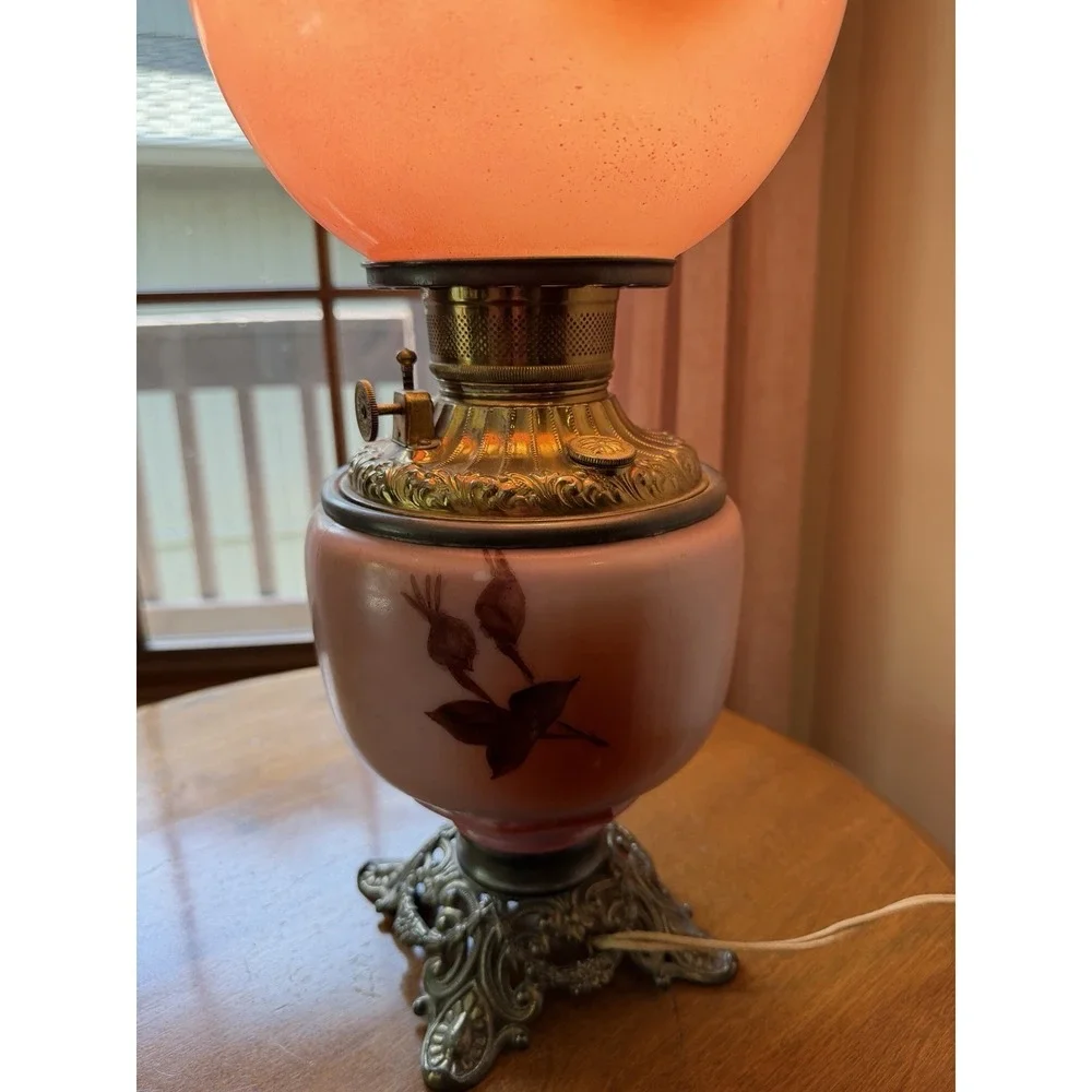 Antique GONE WITH THE WIND Lamp Electrified Oil Lamp Painted ROSES 24
